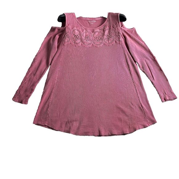 Soft Surroundings Womens Cold Shoulder Thermal Top L Boho Lace Tunic Pink Cotton - Picture 2 of 13